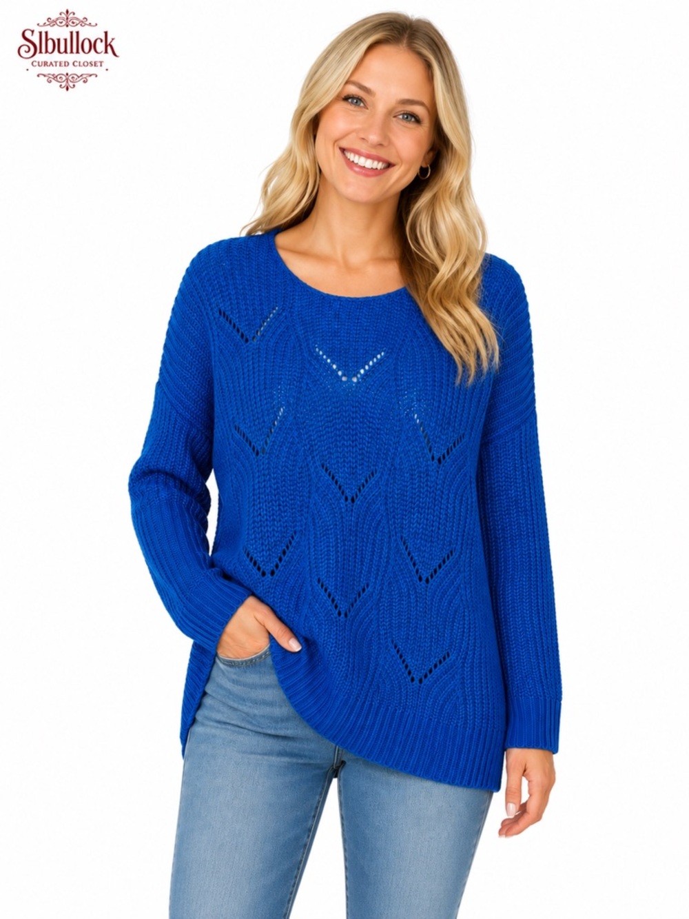 D8 Dokotoo NWT Cobalt Blue Pointelle Knit Pullover Sweater Large